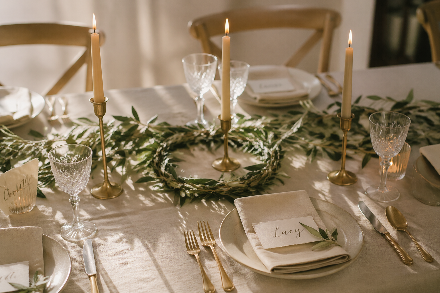 A celebration table styled with olive branches, champagne gold candlesticks and ivory candles in soft afternoon light